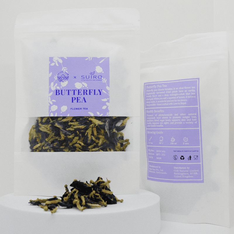 Butterfly pea flower tea packaging with dried blue flowers and a brewed cup