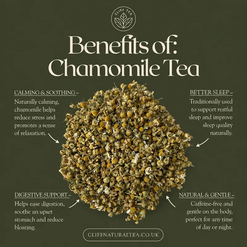Brewed chamomile tea in a glass cup beside dried chamomile flowers