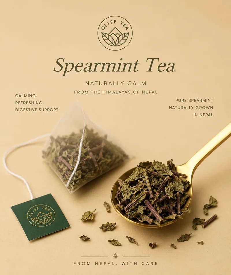 Spearmint tea brewed in a clear glass cup beside dried spearmint leaves