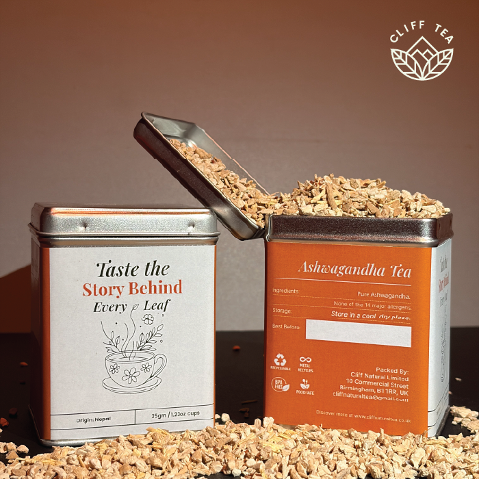 Ashwagandha root and powder with Floral tea