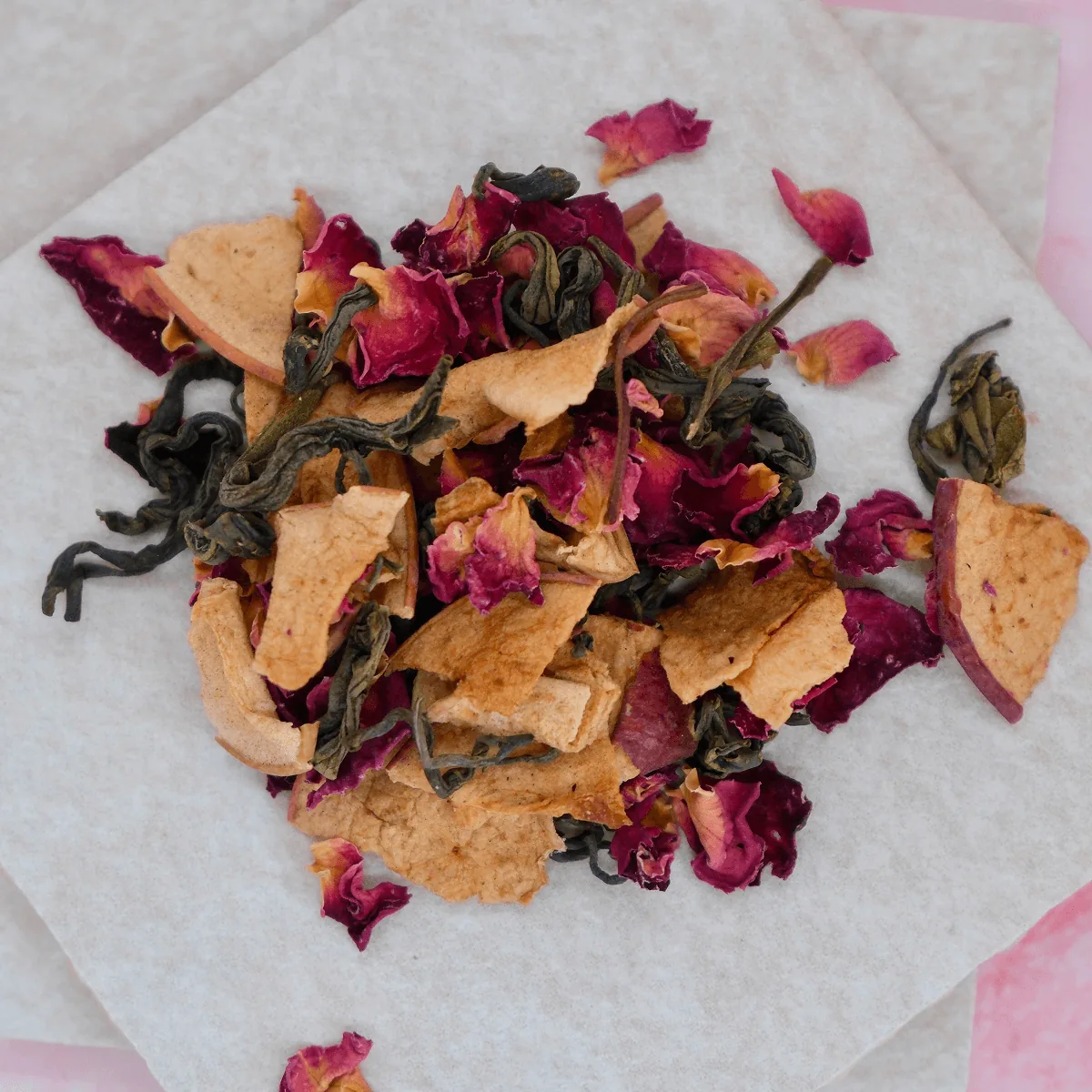 Apple Rose Green Tea: dried apple pieces, rose petals and green tea leaves