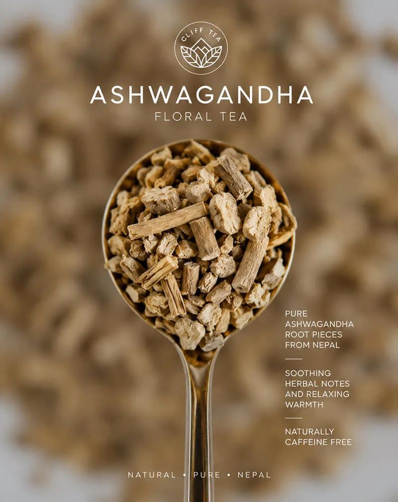 Ashwagandha root pieces with dried herbs for ashwagandha tea
