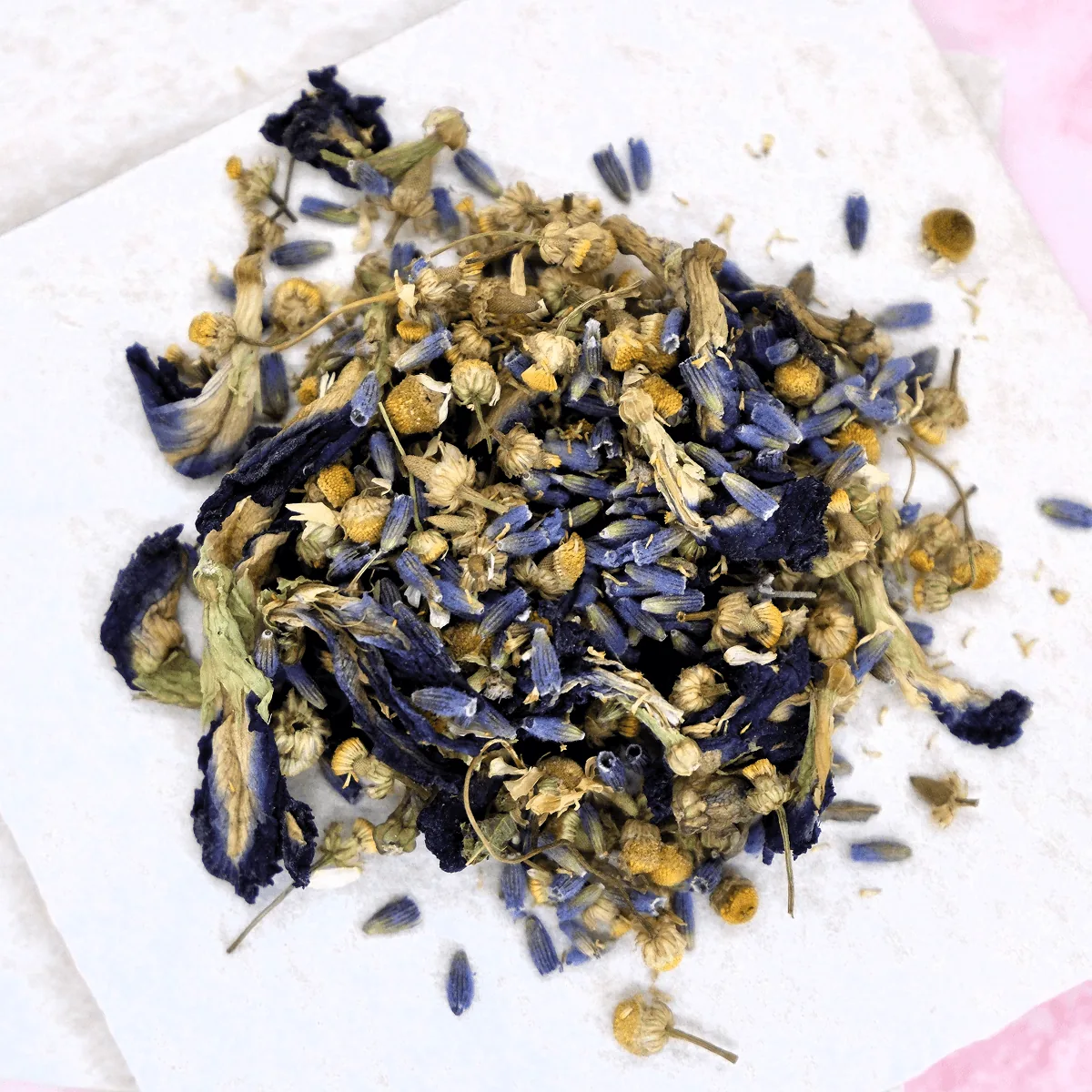 Blue Calm loose leaf tea with butterfly pea flowers, lavender and chamomile