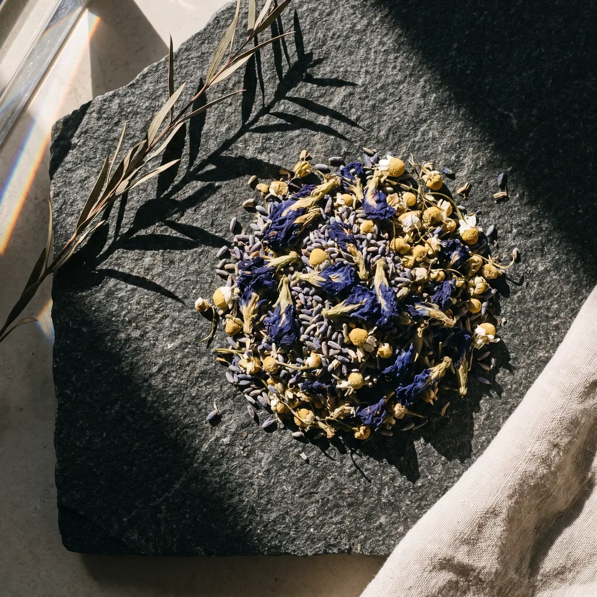 Blue Calm loose leaf tea with butterfly pea flowers, lavender and chamomile