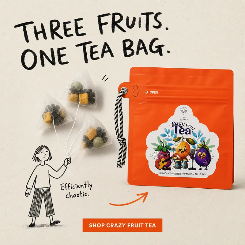 Crazy Fruit Tea pyramid bags with kumquat, mulberry and passion fruit
