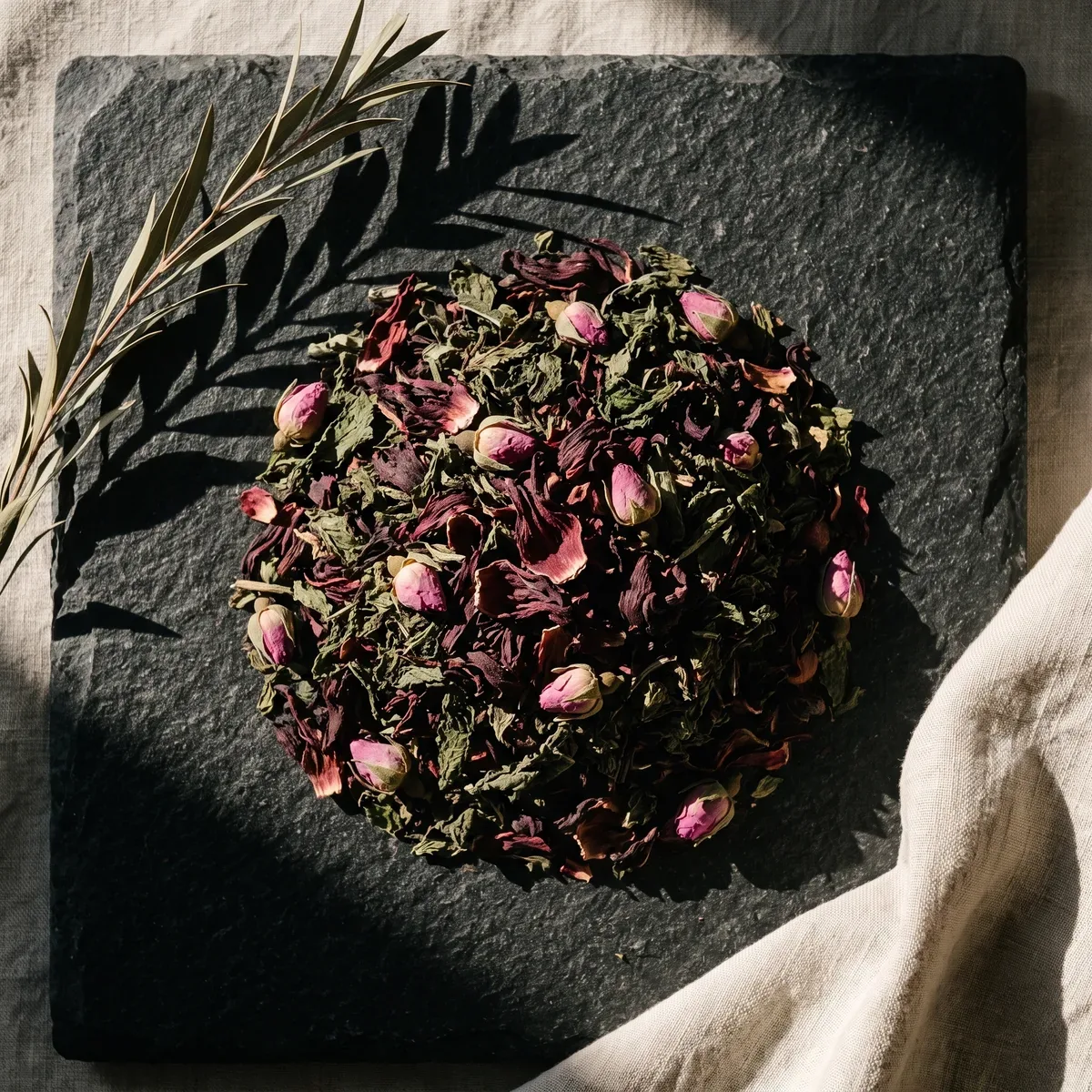 Heart Bloom loose leaf tea with hibiscus petals, rose buds and spearmint