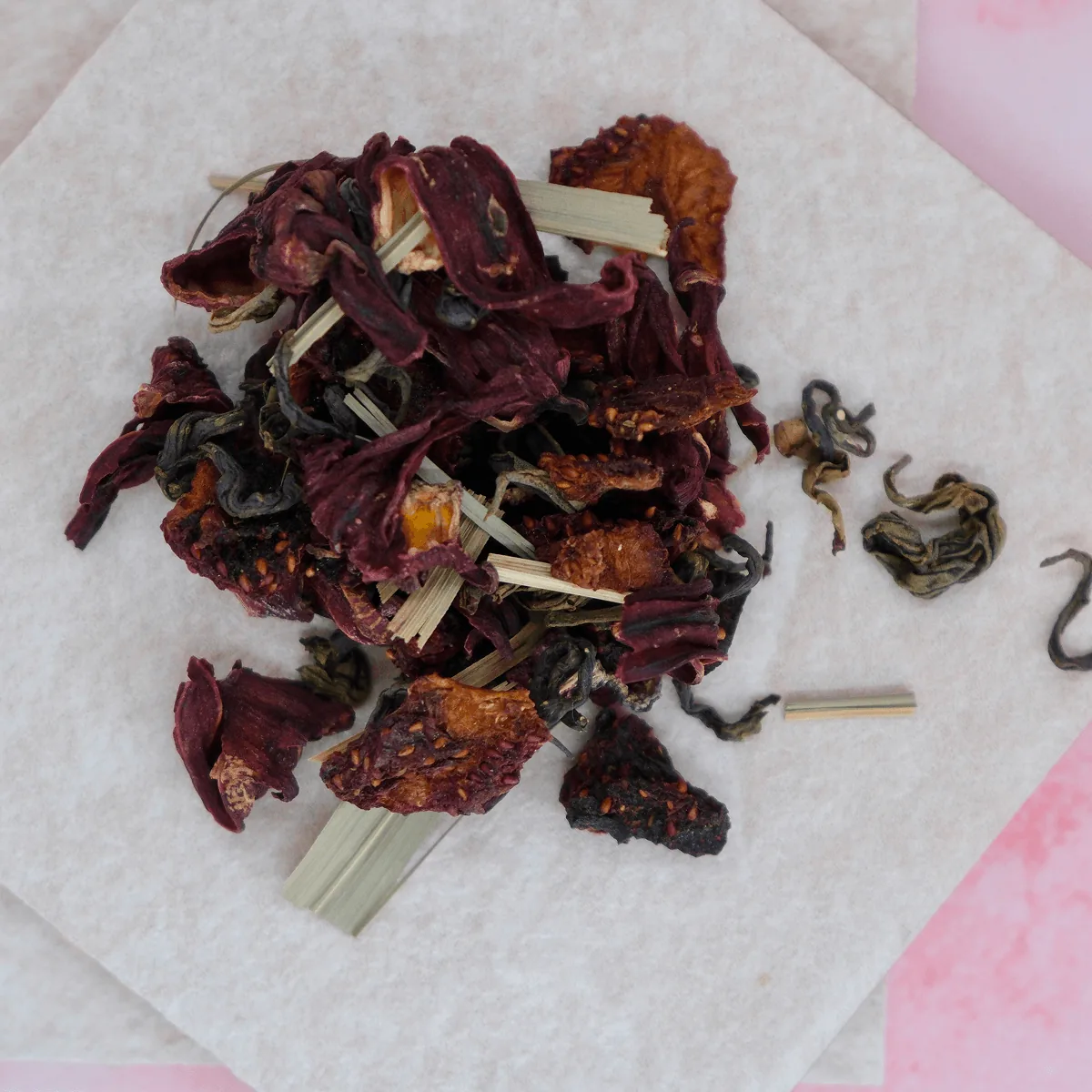 Hibiscus Strawberry Lemongrass Tea: hibiscus, dried strawberry pieces and lemongrass