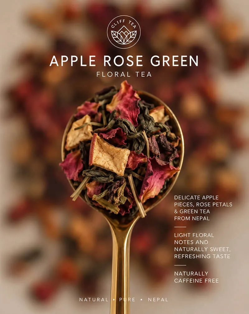 Apple Rose Green Tea: dried apple pieces, rose petals and green tea leaves