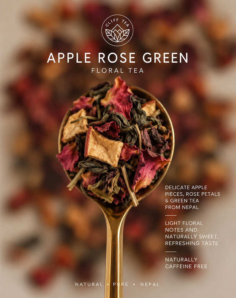 Rose petals and apple pieces in elegant tea setting